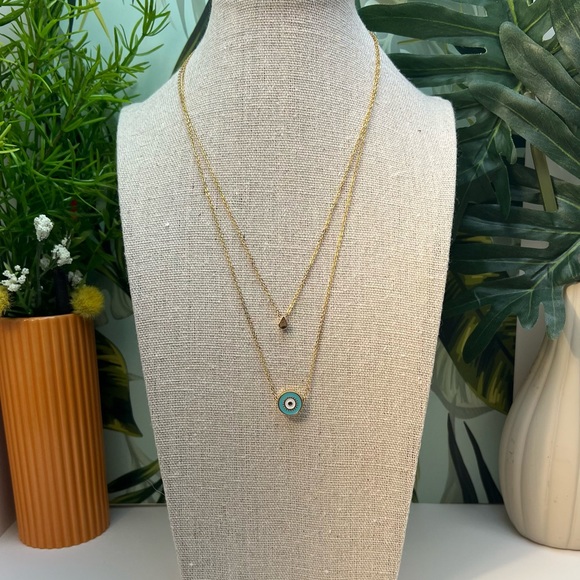 Evil Eye Minimalist Layered Necklace - Pop-of-Color Gold Preppy Necklace - Picture 4 of 17